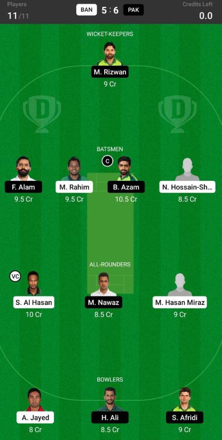 BAN VS PAK - 1ST TEST DREAM11 TEAM